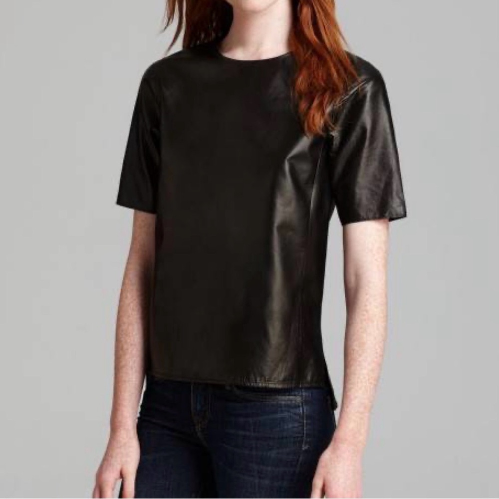 Vince - women’s 100% genuine Lamb leather short sleeve round neck blouse‎ top XS